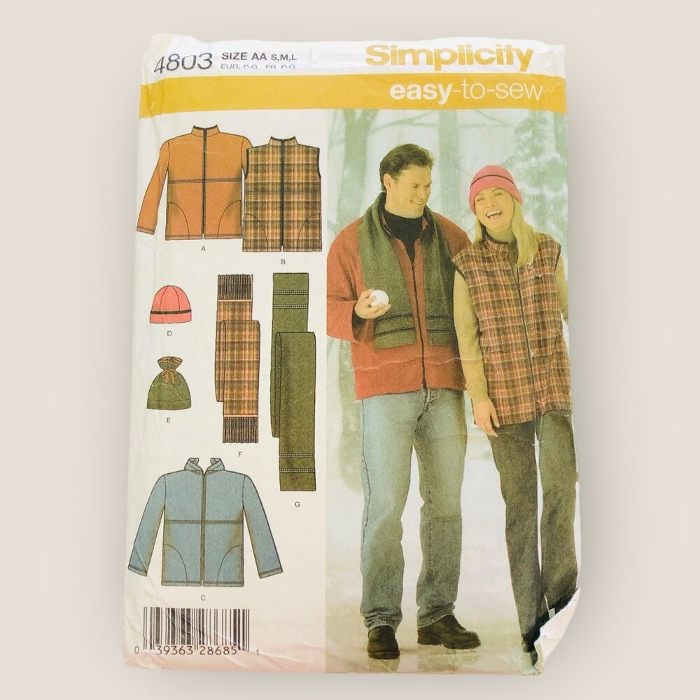 Vintage Simplicity Sewing Pattern 4803 Unisex Jacket Vest Hats Scarf Size S-L